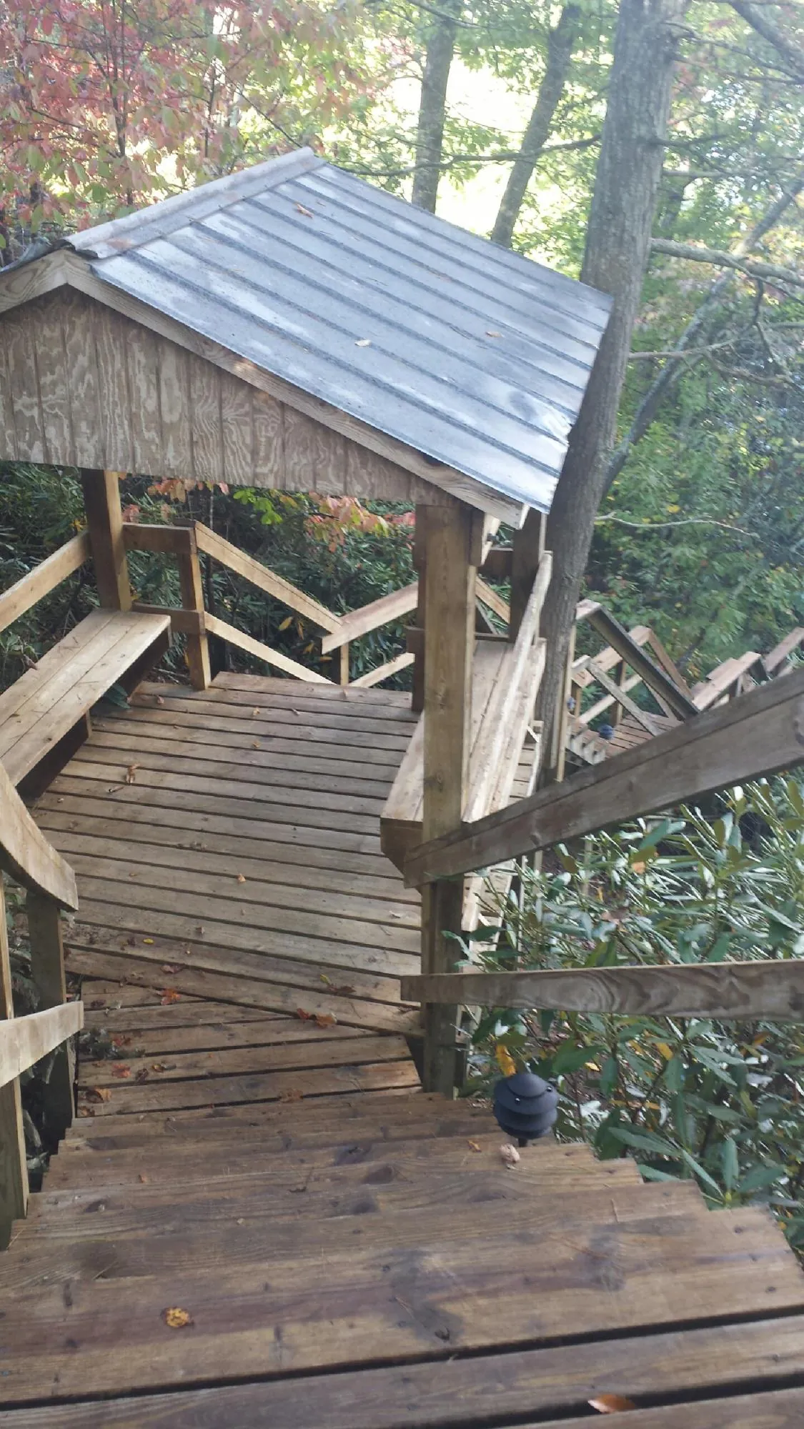 Metal roofed shelter over wooden steps on a wooded walkway — Skylight Repair & Installation work by our crew in Williamston